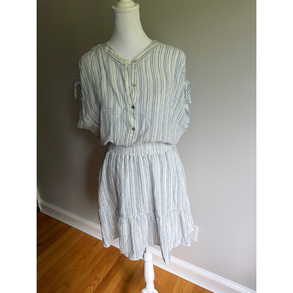 Rails Striped Linen Blend Smocked Waist Dress Blue White Medium